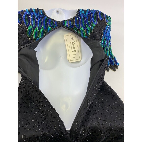 Stenay Silk Beaded Dress Sheath Short Sleeves Blue Black Peacock Feathers Size 6 - Picture 11 of 16